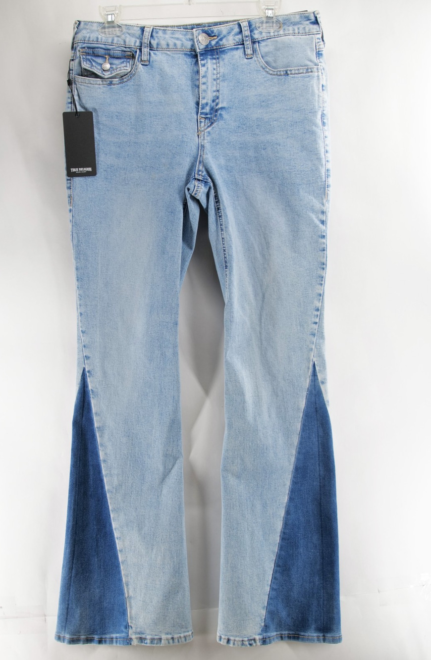 True Religion NWT Women's 30 Light Blue Two-Tone Joey Mid Rise Flare Jeans Denim